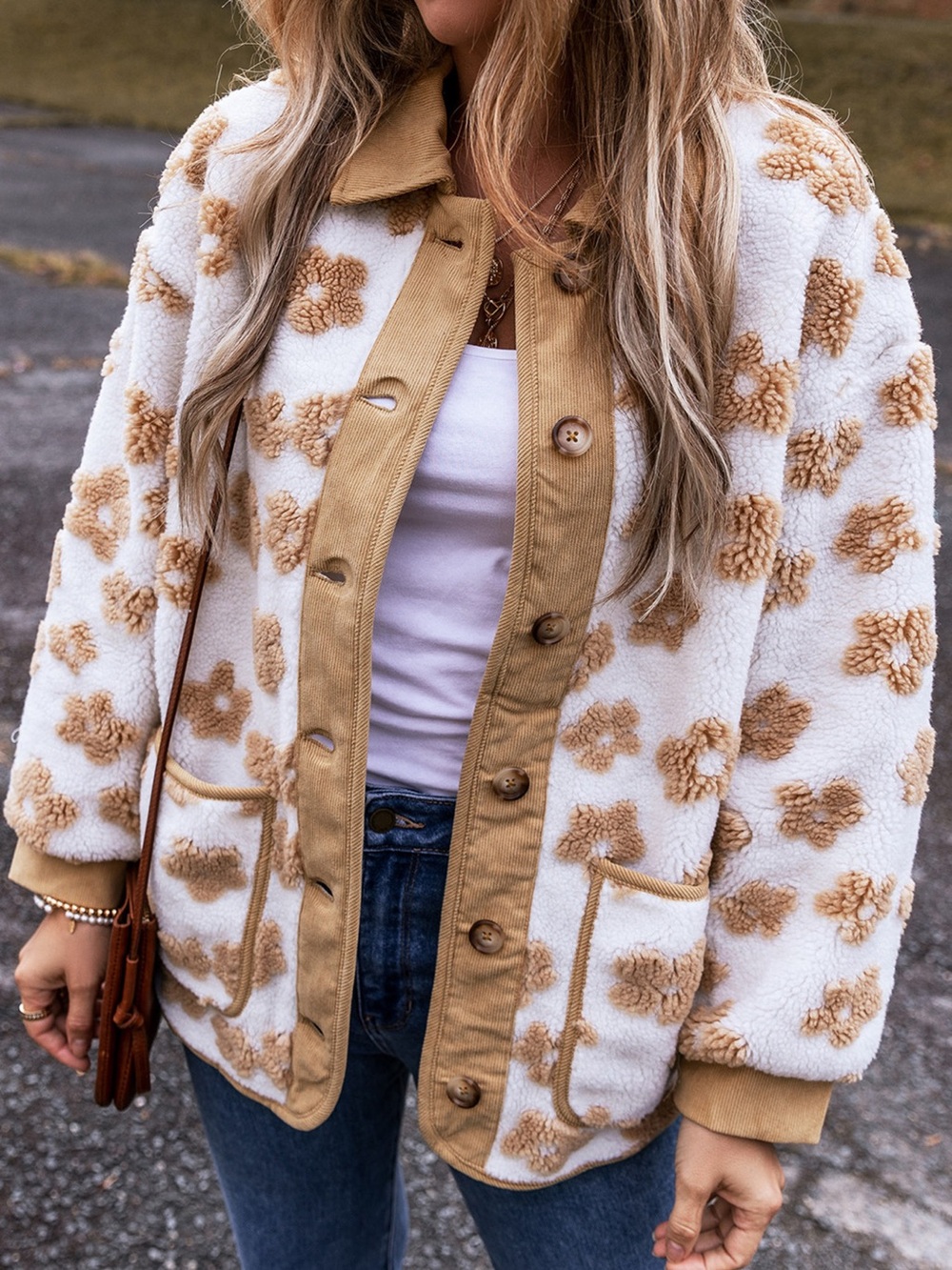 Flower Pattern Button Up Fleece Jacket - Picture 3 of 14